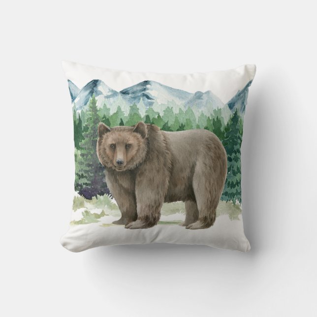 Brauner Bär in Bergszene Kissen (Vorderseite)