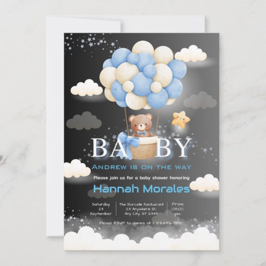 Brauner Bär mit Balloons Dualfarben-Babydusche Einladung (Vorderseite)