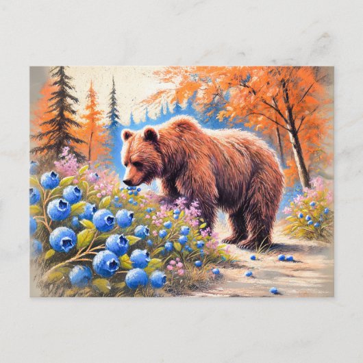 Brauner Bär mit Blueberries Pastell Chalk Art Postkarte (Vorderseite)