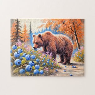 Brauner Bär mit Blueberries Pastell Chalk Art Puzzle