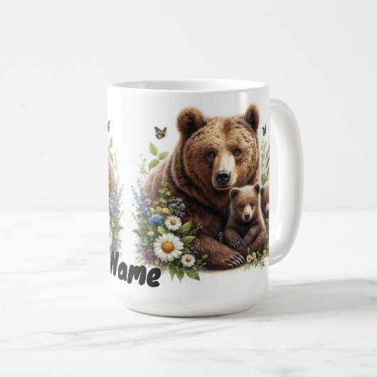 Brauner Bär mit Knochen auf einer blühenden Wiese Kaffeetasse (VorderseiteRechts)