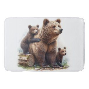 Brauner Bär mit zwei Kubs Badematte