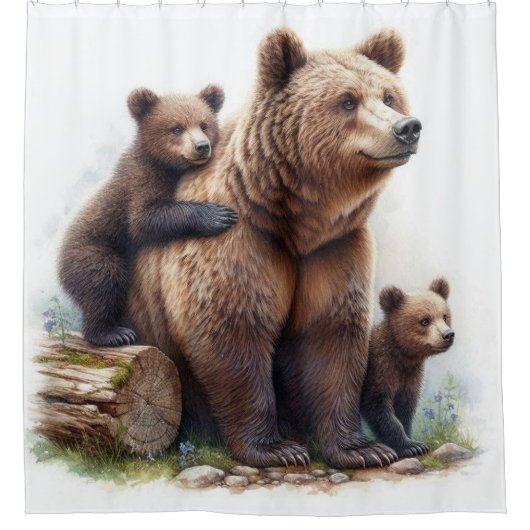 Brauner Bär mit zwei Kubs Duschvorhang (Vorderseite)