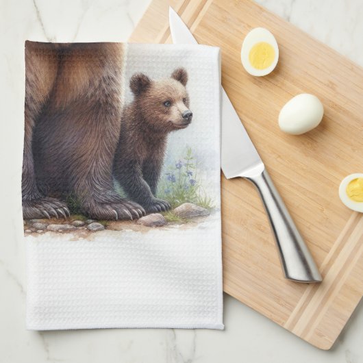 Brauner Bär mit zwei Kubs Geschirrtuch (Viertel Falte)