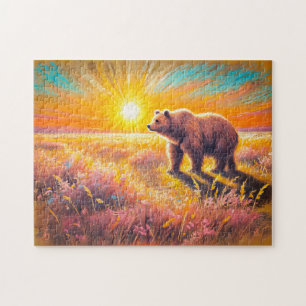 Brauner Bär Sonnenuntergang Pastell Chalk Kunstwer Puzzle
