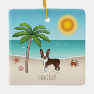 Brauner Boston Terrier an einem tropischen Sommers Keramikornament