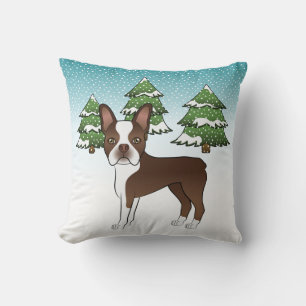Brauner Boston Terrier im Winterwald Kissen