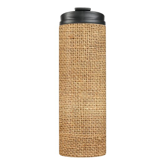 Brauner Burlap-Sack: Texturierter Stoff Hintergrun Thermosbecher (Vorderseite)