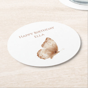 Brauner Creme Schmetterling Geburtstag Runder Pappuntersetzer