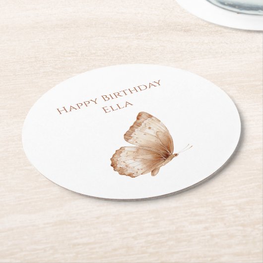 Brauner Creme Schmetterling Geburtstag Runder Pappuntersetzer (Angewinkelt)