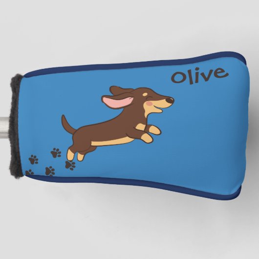 Brauner Dachshund läuft Blaues Design Golf Headcover (Vorderseite)