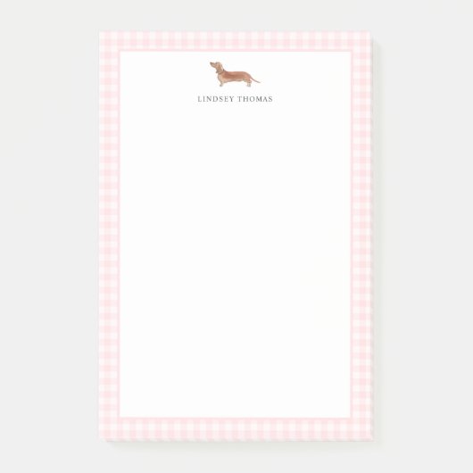 Brauner Dachshund Rosa Gingham-Rahmen Personalisie Post-it Klebezettel (Vorderseite)