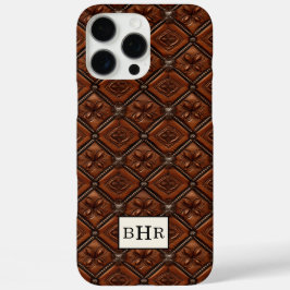 Brauner Diamant-Leder mit Monogramm iPhone 16 Pro Max Hülle