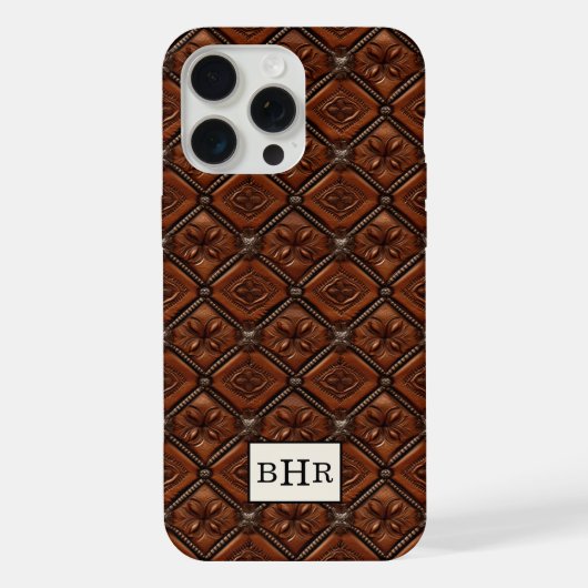 Brauner Diamant-Leder mit Monogramm iPhone Hülle (Rückseite)