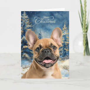 Brauner Französische Bulldogge Kiefern Winterwald Feiertagskarte