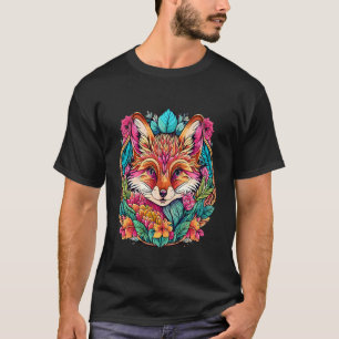 Brauner Fuchs mit farbenfrohem Blätter- und Blumen T-Shirt