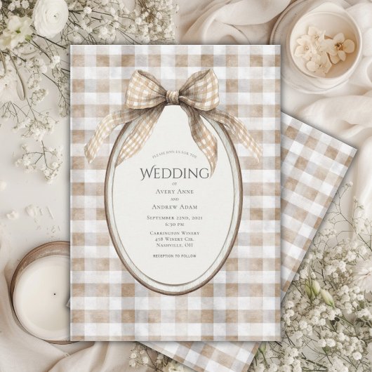 Brauner Gingham-Bogenrahmen Vintage-Hochzeit Einladung