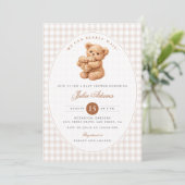 Brauner Gingham-Teddybär Neutrale Babyparty-Papier Einladung (Stehend Vorderseite)