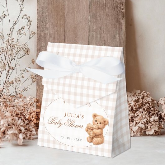 Brauner Gingham-Teddybär Neutrale Babyparty-Papier Geschenkschachtel