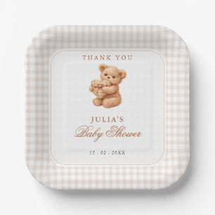 Brauner Gingham-Teddybär Neutrale Babyparty-Papier Pappteller