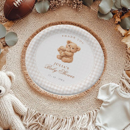 Brauner Gingham Teddybär Neutrale Babyparty Papier Pappteller