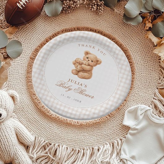 Brauner Gingham Teddybär Neutrale Babyparty Papier Pappteller