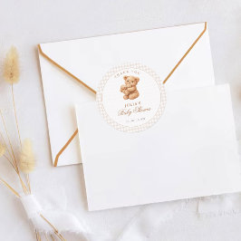 Brauner Gingham-Teddybär Neutrale Babyparty-Papier Runder Aufkleber