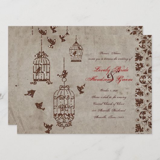 Brauner Glitzer Vogelgezwitscher Einladung (Vorne/Hinten)