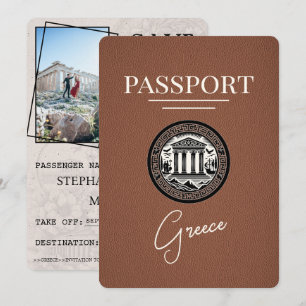 Brauner Griechenland Reisepass Save the Date Karte