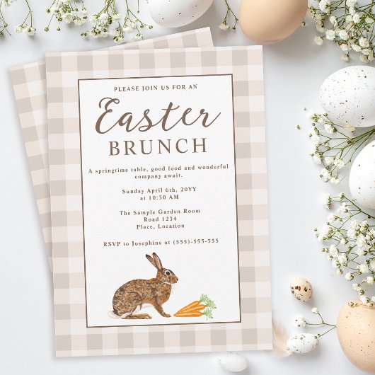Brauner Hase Beige Gingham Rustikales Osterbrunch Einladung