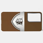 Brauner Hintergrundschild mit silberfarbenen, über Samsung Galaxy Hülle (Linke Seite)