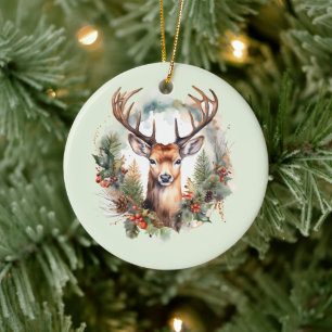 Brauner Hirsch mit Geweih Rustikales Weihnachten Keramik Ornament