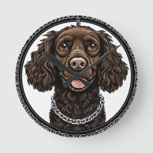Brauner Hund mit Kette und dekorativem Kreis Runde Wanduhr