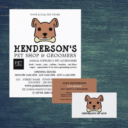 Brauner Hund mit Knochen, Heimtierladen & Groomere Flyer