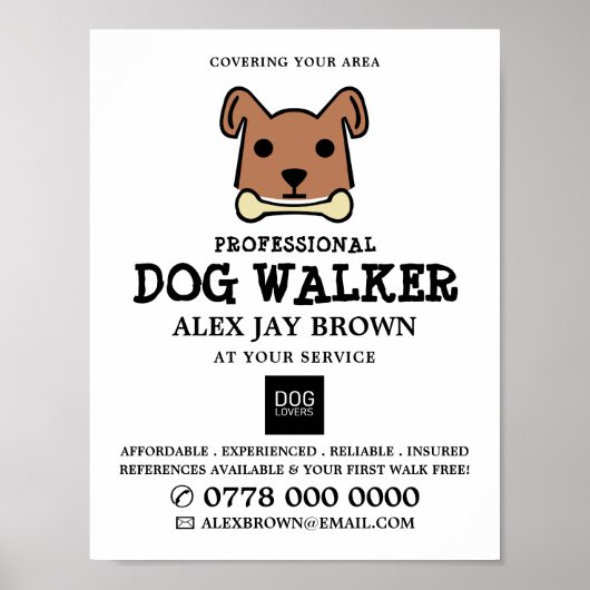 Brauner Hund mit Knochen, Werbung für Hunde Walker Poster (Vorne)