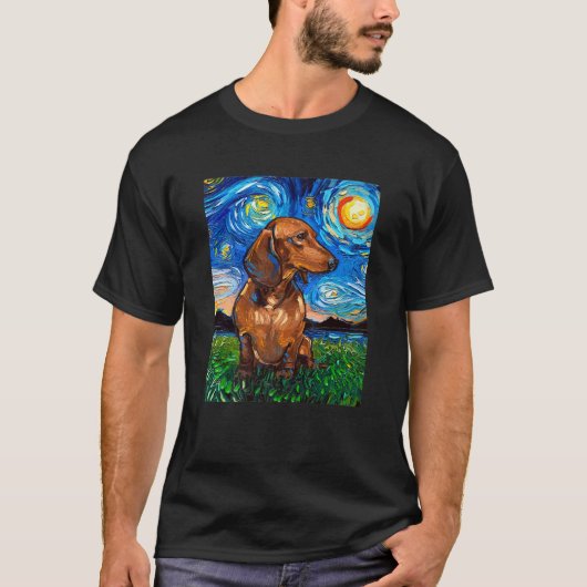 Brauner Kurz Hair Dackel Dackel Starry Night Hund  T-Shirt (Vorderseite)