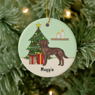 Brauner Labrador Retriever Hund mit Weihnachtsbaum Keramik Ornament