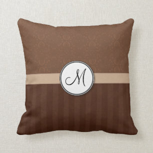 Brauner Ledert Damast mit Streifen und Monogramm Kissen