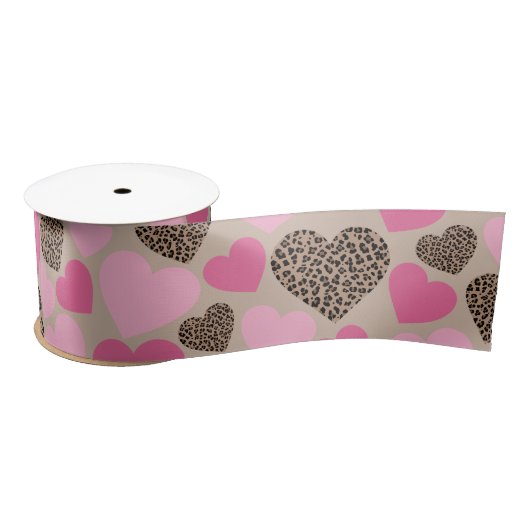 Brauner Leopard und rosa Herzen Satinband (Spule)