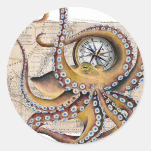 Brauner Octopus Vintag Map Compass Runder Aufkleber