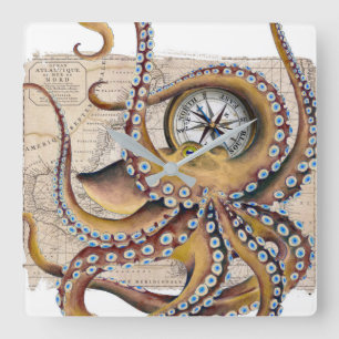 Brauner Oktopus Vintage-Kartenkompass Quadratische Wanduhr