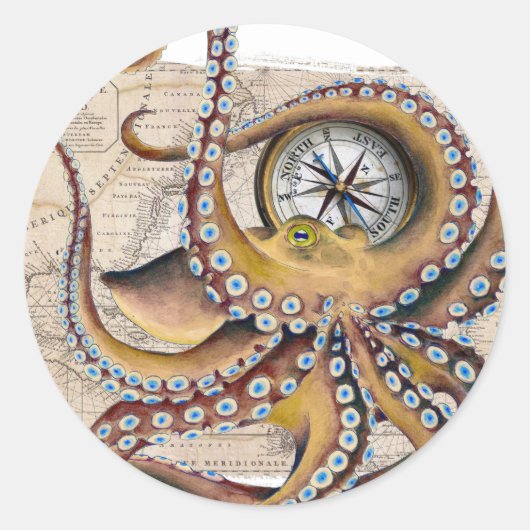 Brauner Oktopus Vintage-Kartenkompass Runder Aufkleber (Vorderseite)
