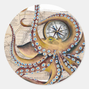 Brauner Oktopus Vintage-Kartenkompass Runder Aufkleber