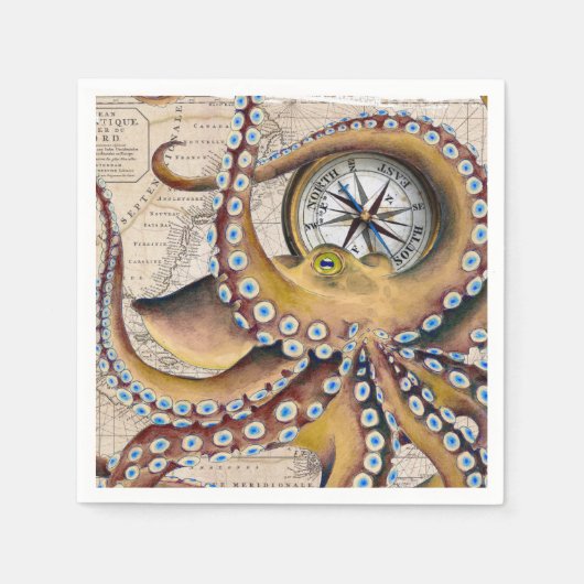 Brauner Oktopus Vintage-Kartenkompass Serviette (Vorderseite)