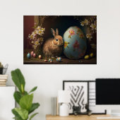 Brauner Osterhase neben einem blauen Blumenei Poster (Heimbüro)