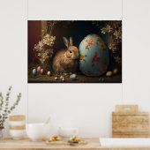 Brauner Osterhase neben einem blauen Blumenei Poster (Küche)
