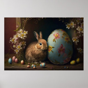 Brauner Osterhase neben einem blauen Blumenei Poster