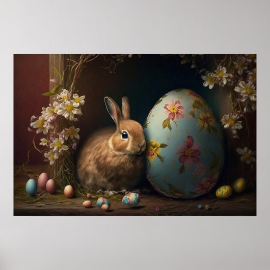 Brauner Osterhase neben einem blauen Blumenei Poster (Vorne)
