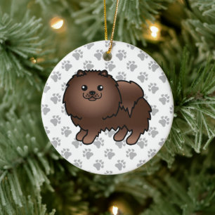 Brauner Pomeranian Süßer Cartoon-Hund & Pfoten Keramik Ornament