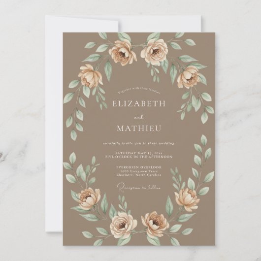 Brauner Ranunculus-Kranz Hochzeit Einladung (Vorderseite)